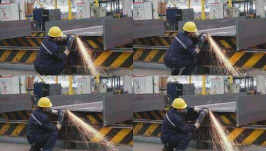 工厂车间工人使用角磨机打磨钢板高清在线视频素材下载