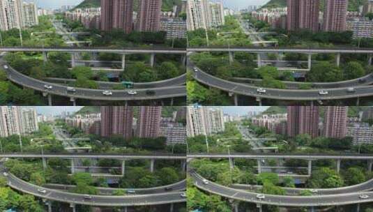 深圳城市道路建设绿树绿色地铁航拍高清在线视频素材下载