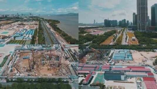 深圳湾超级总部基地工地航拍多镜头高清在线视频素材下载