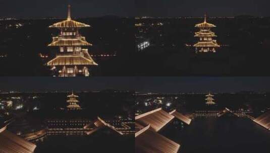 航拍上海广富林文化遗址佛塔夜景高清在线视频素材下载