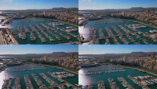 4k西班牙阿利坎特的无人机镜头。用小帆船拍摄港口（码头、港口）高清在线视频素材下载