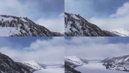 冬季喀纳斯河流晨雾雪山森林冰河观鱼台雪景高清在线视频素材下载