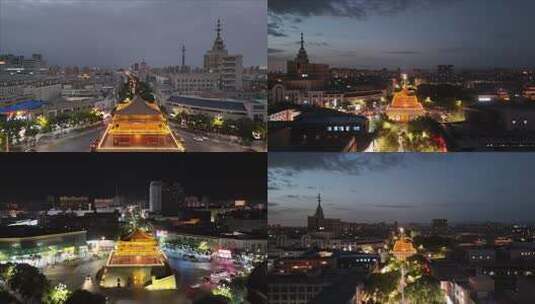 城市古建筑夜景俯瞰张掖钟鼓楼夜景高清在线视频素材下载