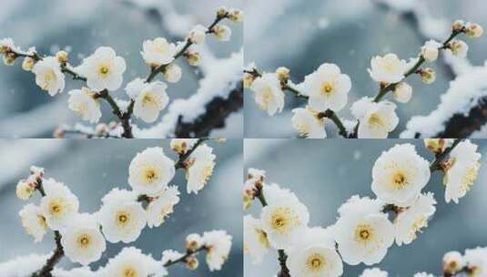 覆雪白梅花枝特写高清在线视频素材下载