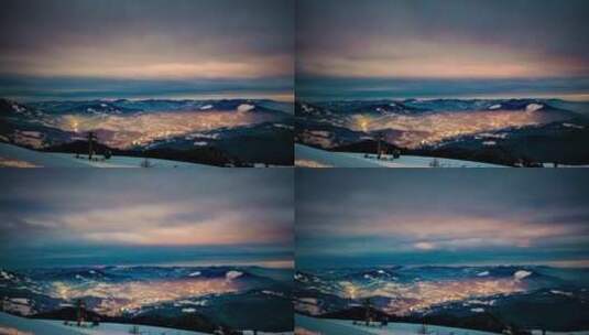 白雪皑皑的多云山脉山顶上的黄昏高清在线视频素材下载