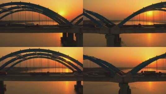 航拍高速公路大桥夕阳高清在线视频素材下载