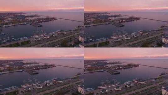 日落时格丁尼亚港的鸟瞰高清在线视频素材下载