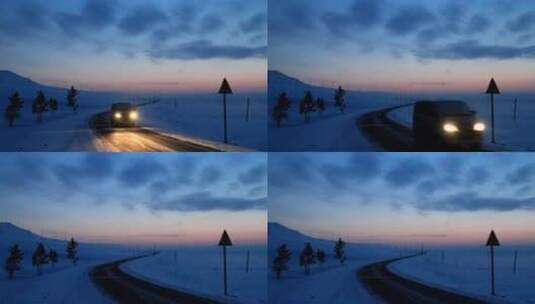 暮色下寒冬中的边境公路高清在线视频素材下载