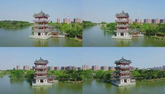 东莞航拍华阳湖湿地公园腾龙阁左环绕高清在线视频素材下载