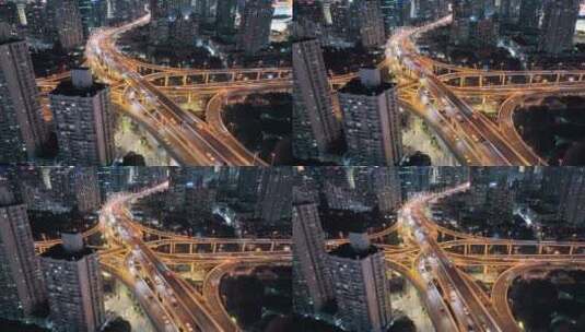 上海延安路立交车流夜景航拍高清在线视频素材下载