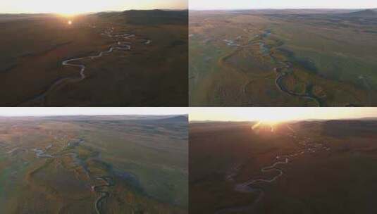 内蒙 草原 河流 航拍 黄昏高清在线视频素材下载