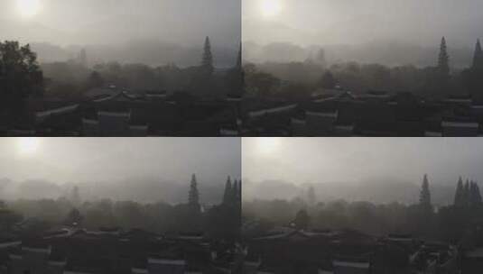 浙江衢州廿八都古镇清晨雾气弥漫航拍日景高清在线视频素材下载