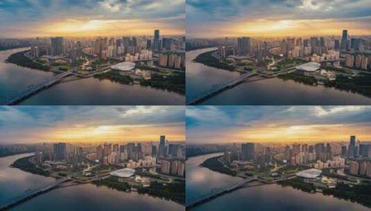 中国辽宁沈阳城市风光航拍延时摄影浑河日落高清在线视频素材下载