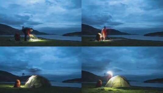 男子野外搭帐篷露营延时高清在线视频素材下载