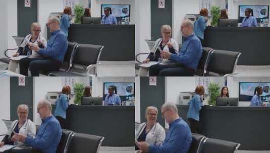 病人在医院接待处与接待员交谈高清在线视频素材下载