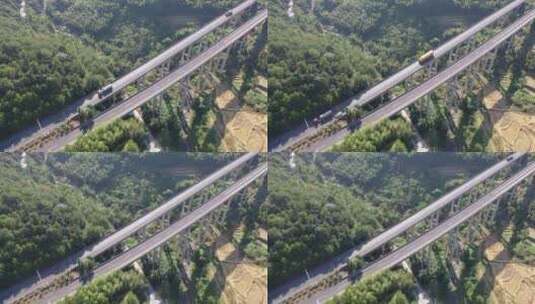航拍高速公路上行驶的货车汽车高架桥高速路高清在线视频素材下载