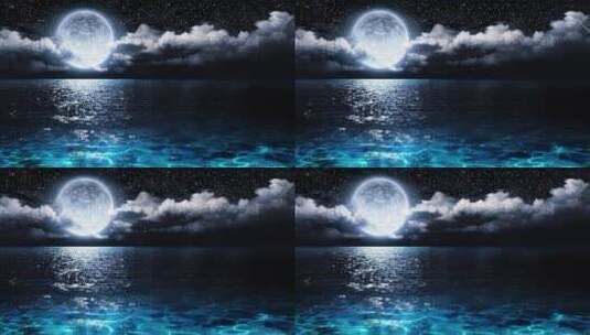 唯美蓝色的星空海洋 皎洁的满月高清在线视频素材下载