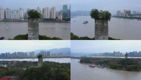 温州江心屿东、西双塔航拍4K高清在线视频素材下载