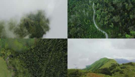 高空航拍穿云鸟瞰森林山峰汽车行驶云雾缭绕高清在线视频素材下载