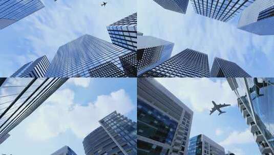 飞机飞过 金融商务大楼 飞机起飞高清在线视频素材下载