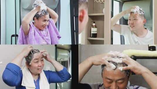 一组人们洗头护理头发泡沫充盈洗发露高清在线视频素材下载