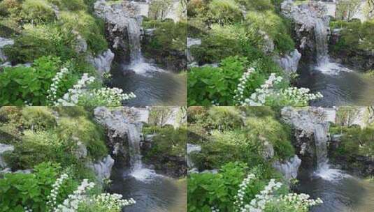 中式园林花园公园假山瀑布流水景高清在线视频素材下载