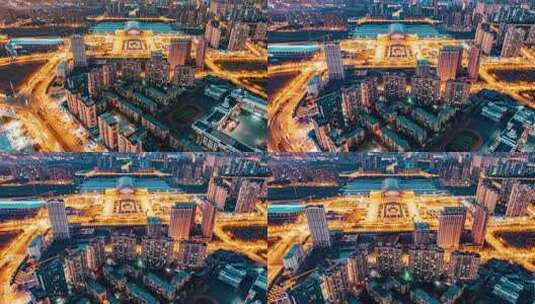 中国哈尔滨西站城市夜景延时航拍高清在线视频素材下载