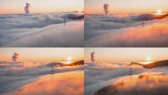 夕阳下流动的云海云雾延时高清在线视频素材下载