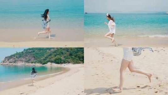 快乐奔跑在沙滩上的女子高清在线视频素材下载