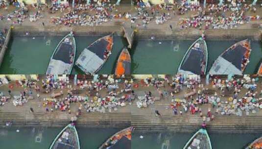 海南儋州洋浦白马井渔港热闹场面高视角航拍高清在线视频素材下载
