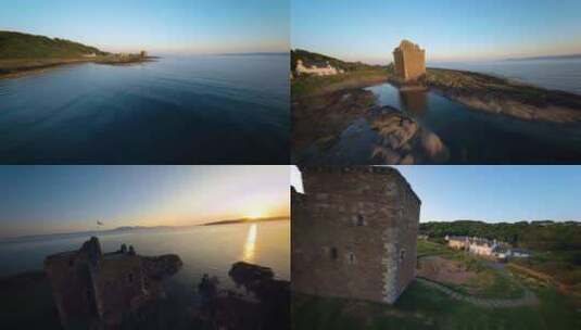 FPV无人机航拍苏格兰海边海岸古堡海岛日出高清在线视频素材下载