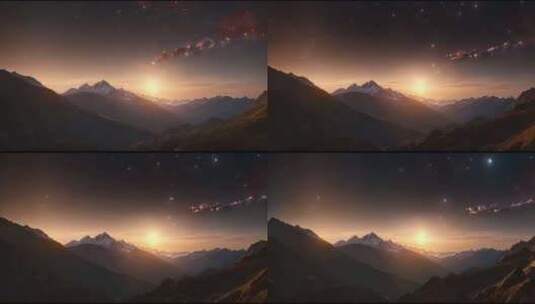 夕阳下唯美壮观的大气雪山和星星高清在线视频素材下载