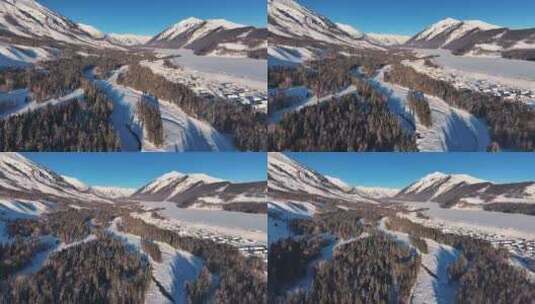 新疆阿勒泰禾木日出远景雪山航拍壮观风景高清在线视频素材下载