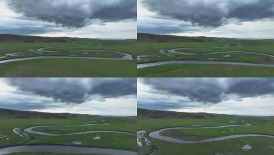 阴云笼罩草原牧场河流高清在线视频素材下载