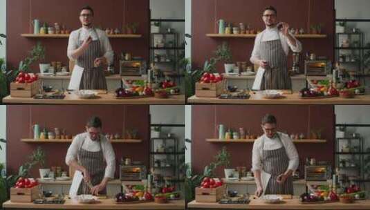 厨师在厨房切割成熟的绿色鳄梨高清在线视频素材下载