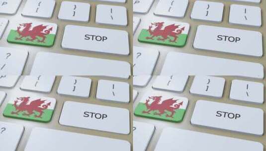 威尔士国旗和停止按钮3D动画高清在线视频素材下载