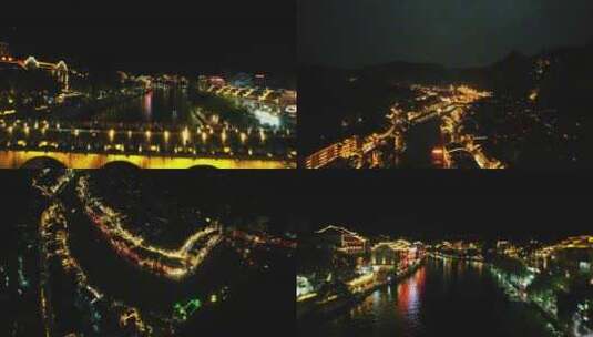 贵州黔东南镇远古镇夜景灯光航拍高清在线视频素材下载