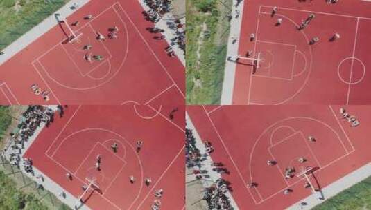 青少年在夏季篮球场上打篮球的鸟瞰图高清在线视频素材下载