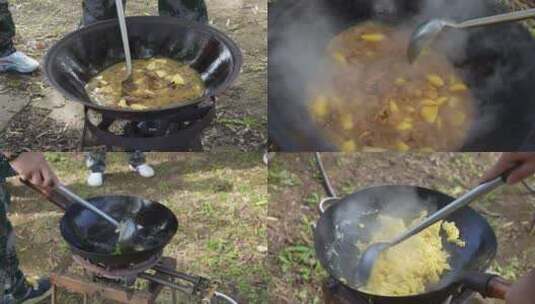 户外野餐 做饭 炒菜高清在线视频素材下载