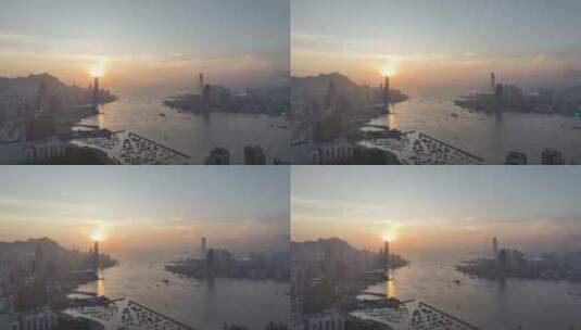 夕阳下的香港城市天际线 维多利亚港日落高清在线视频素材下载