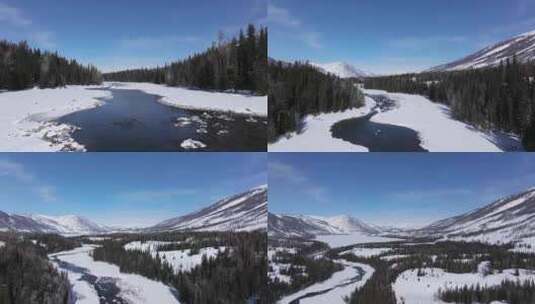 航拍新疆冬季喀纳斯河流晨雾雪山森林雪景高清在线视频素材下载