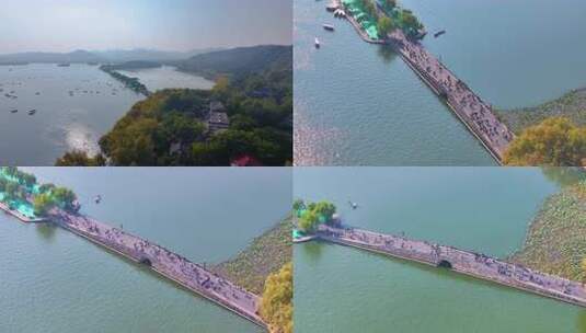 浙江杭州西湖景区断桥残雪风景风光航拍人流高清在线视频素材下载