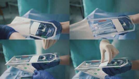 戴蓝色手套的人打开静脉手术工具的包装高清在线视频素材下载