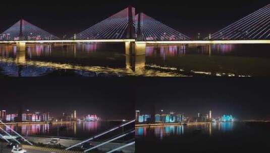 航拍飞越大桥车水马龙车辆行驶城市夜景高清在线视频素材下载