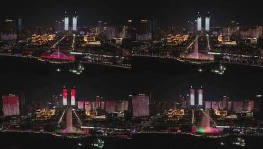 江西南昌红谷滩新区秋水广场夜晚灯光秀航拍高清在线视频素材下载
