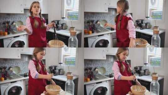 烘焙活动中，年轻女孩在厨房热情地搅拌高清在线视频素材下载