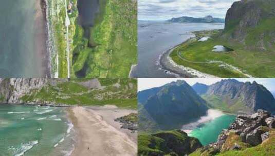 航拍大海森林海浪海边公路挪威罗弗敦群岛高清在线视频素材下载