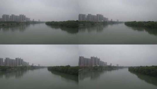 阴雨天的河流河岸航拍高清在线视频素材下载