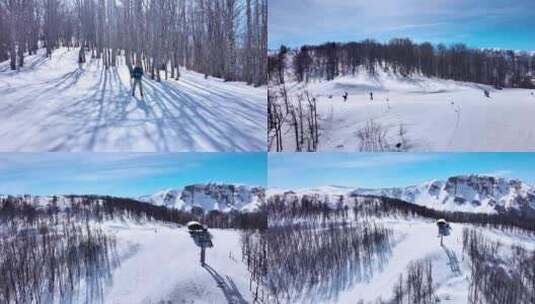 巴尔干山脉滑雪胜地，一名男子驾驶无人机高清在线视频素材下载