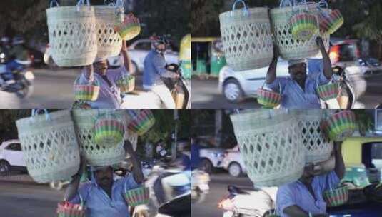男人在街头推销手工篮子高清在线视频素材下载